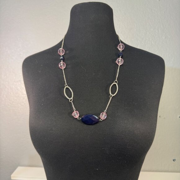 Silver Pink Blue Gemstone Beaded Necklace Unique Chain Design Fashion Jewelry Gi - Picture 1 of 3